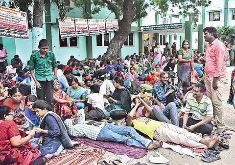 Secondary grade teachers association members on hunger strike inside the Directorate of Public Institutions campus at Nungambakkam | ashwin prasath