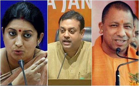 (L-R) Smriti Irani, Sambit Patra and Yogi Adityanath. (Photos | File)