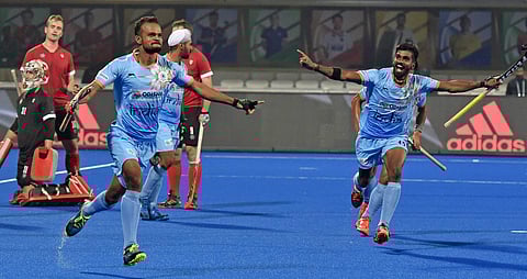 Indian hockey player Lalit Upadhyay celebrates second goal against Canada during a match of Men's Hockey World Cup 2018 in Bhubaneswar. (File | PTI)