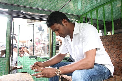 Actor and TFPC chief Vishal was detained for trying to break open the lock of TFPC'S T Nagar office after a rival faction put a lock on it. (Photo | Special Arrangement)