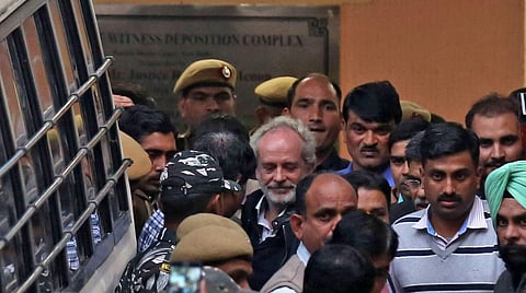 Agusta Westland scam accused middleman Christian Michel coming out of Patiala house court in New Delhi on Wednesday. (Photo| Shekhar Yadav/EPS)