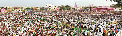 Telangana Rashtra Samithi supremo and caretaker Chief Minister K Chandrasekhar Rao addresses a massive crowd in the run up to the elections during a public meeting in Nizamabad on Wednesday| Express