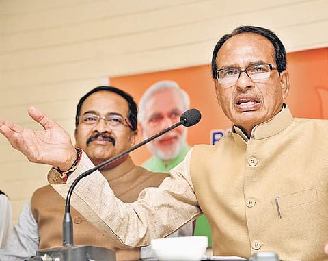 Chief Minister of Madhya Pradesh Shivraj Singh Chouhan speaks at a press conference, in Hyderabad on Tuesday (Photo | R Satish Babu)