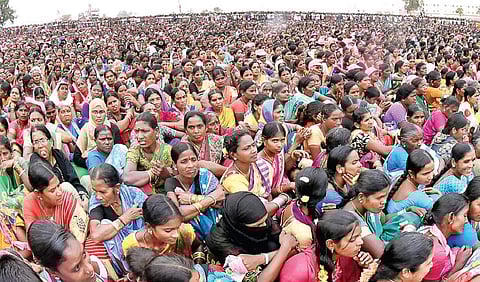 A large number of women who gathered for TRS president K Chandrasekhar Rao’s election meeting in Gajwel, from where he is contesting, on Wednesday. KCR wrapped up his campaign at Gajwel | Express