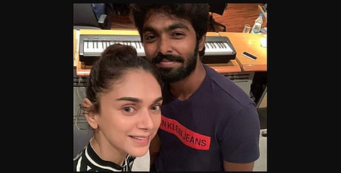 Aditi Rao Hydari, who was last seen in Mani Ratnam’s Chekka Chivantha Vaanam, has now turned singer for composer-actor GV Prakash Kumar. (Photo | Twitter)