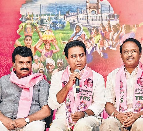 K T Rama Rao addressing a press conference at Telangana Bhavan, in Hyderabad on Saturday | VINAY MADAPU