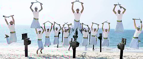 Students of IKTHSS, Cherukulamba, Malappuram, which grabbed ‘A’ grade posing after the kolkali competition in HSS category at the State Youth Festival | A Sanesh