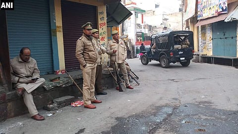 Police patrol areas near Kasganj in Uttar Pradesh which witnessed violence. (Photo | ANI)