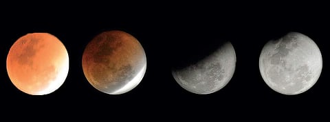 For the first time in 35 years, a blue moon synced with a supermoon and a total lunar eclipse on Wednesday. A combination of pictures show the different phases of the Moon — blood moon (a moment during an eclipse when the moon appears red), during the ec