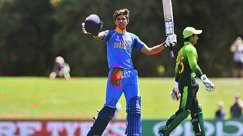 India's Shubman Gill celebrates his century during the semi-final match against Pakistan at the ICC Under-19 World Cup | File PTI