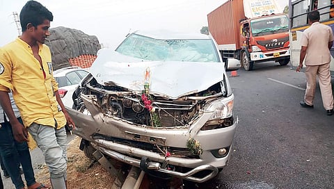 TJAC chief Kodandaram’s car mangled in an accident on Hyderabad-Vijayawada highway on Sunday | Express