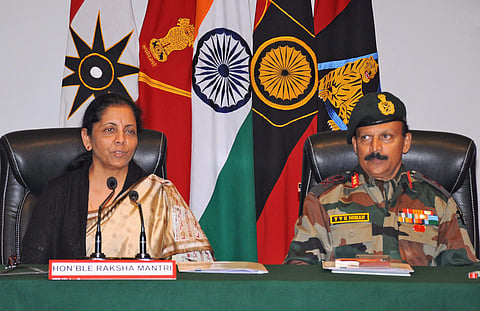 Union Defence Minister Nirmala Sitharaman addresses a press conference at Tiger Division Satwari in Jammu on Monday. (PTI)