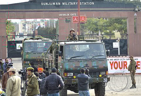 Security forces' personnel guard at Sunjuwan Military Station during a terrorist attack in Jammu on Sunday. | PTI
