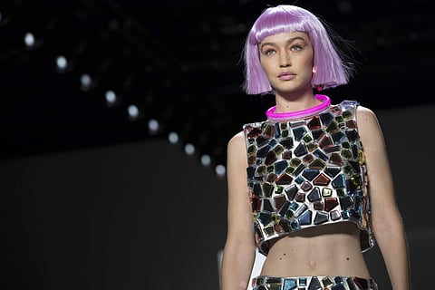 Gigi Hadid models the Jeremy Scott collection during Fashion Week in New York, Thursday, Feb. 8, 2018. | AP