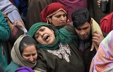 The two sons of Tral, the town known to security officials as a hub of Jaish-e-Mohammed sympathisers and activists, were killed in an attack on the Sunjuwan military camp in Jammu by the terror group. Image taken during the funeral procession. (PTI)