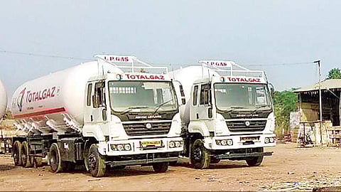 LPG lorries parked near the highway due to the strike by transport owners association in Namakkal.