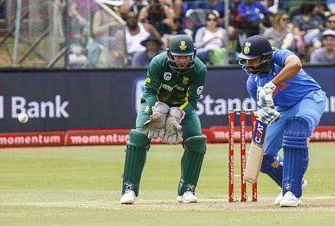 India's Rohit Sharma plays a shot during the fourth ODI cricket match between South Africa and India in Port Elizabeth, South Africa Tuesday, Feb. 13, 2018. | AP