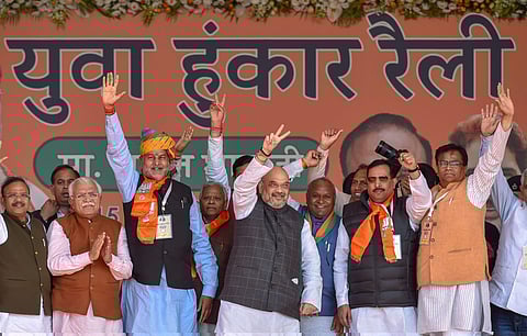 BJP chief Amit Shah with Haryana BJP leaders at the Yuva Hunkar Rally. (PTI)