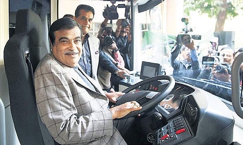 Union minister Nitin Gadkari during the inauguration of two electric vehicle charging points at Niti Aayog in New Delhi on Thursday (Express Photo | Shekhar Yadav)