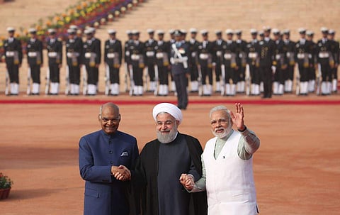Iran President Hassan Rouhani with President Ram Nath Kovind and Prime Minister Narendra Modi in New Delhi on Saturday. (EPS | Shekhar Yadav)