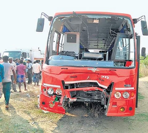 Mangled remains of the mini truck and private bus, which collided on the Chennai-Bengaluru Highway near Thamal in Kancheepuram district on Sunday | Express