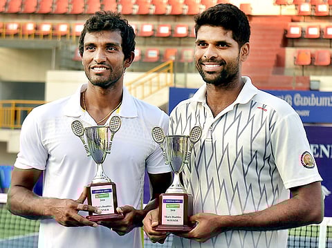 Chennai Open Doubles Tennis Winner Sriram balaji and Vishnu vardhan at Nungambakkam. (D Sampath Kumar | EPS)