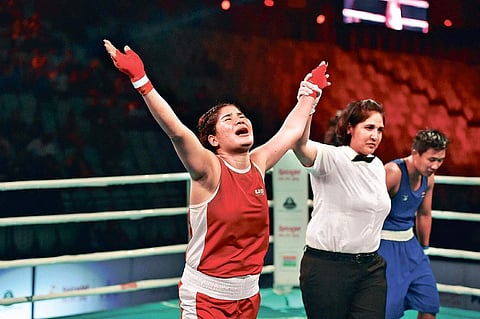 India’s Basumatary Pwilao (red) won against Thailand’s Seesondee Sudaporn | PTI