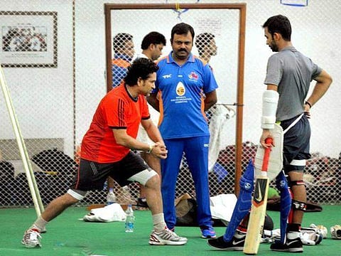 Sachin Tendulkar with Pravin Amre and Ajinkya Rahane during a practice session in Mumbai. (Photo | PTI)