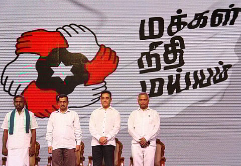 Delhi Chief Minister Arvind Kejriwal with Kamal Hasan at Madurai during the launch of the latter's political party (EPS | KK Sundar)