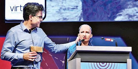 David Hanson with Sophia the robot in Hyderabad on Tuesday| R Satish Babu