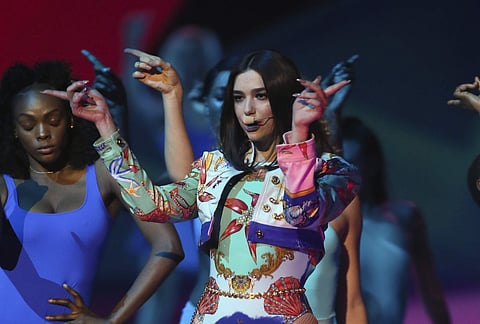 Dua Lipa performs at the Brit Awards 2018 in London, Wednesday, Feb. 21, 2018. | AP