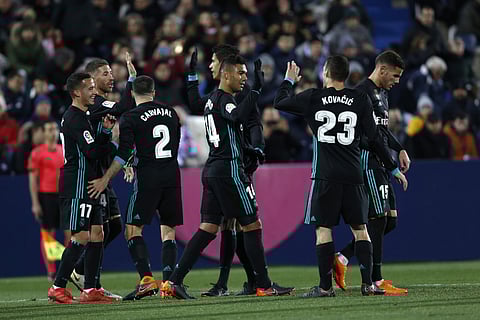 Real Madrid's Casemiro, centre, celebrates with teammates after scoring his side's second goal against Leganes during a Spanish La Liga soccer match. | AP