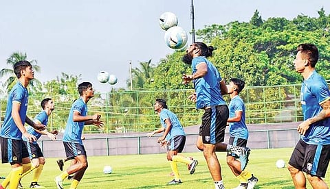 Kerala Blasters players during a training session in Kochi on Thursday. | Albin Mathew
