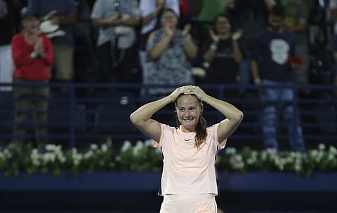 Daria Kasatkina of Russia celebrates after she beats Garbine Muguruza of Spain | AP