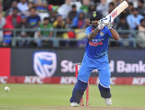 India's Shikhar Dhawan at the wicket during the third and final T20 cricket match against South Africa | AP