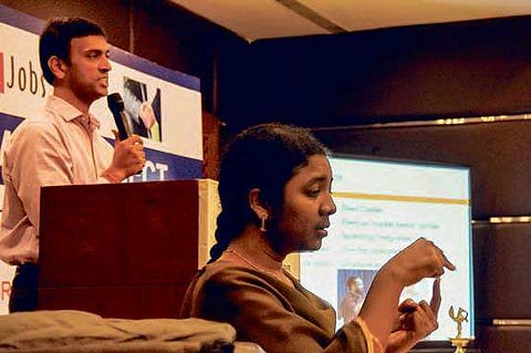 A sign language interpreter during Youth 4Jobs in Vijayawada on Friday | R V K Rao
