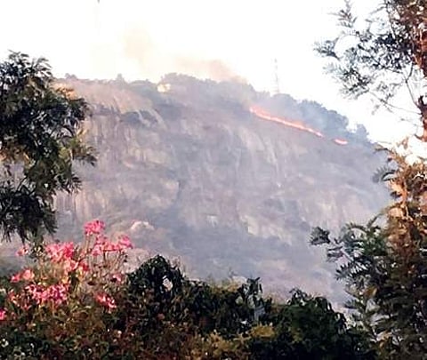 The massive fire spread from the base of the hills near the village of Angatta