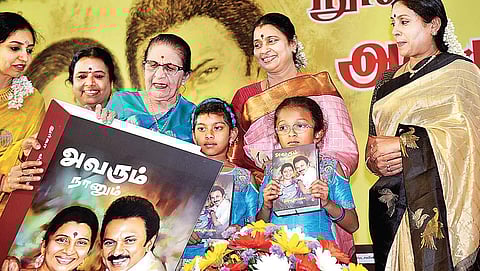Granddaughters of M K Stalin and his wife Durga, receiving the first copy of a book penned by Durga, from Kumara Rani Meena Muthaiah, the founder of Chettinad Vidyashrams, in Chennai on Tuesday | D SAMPATHKUMAR