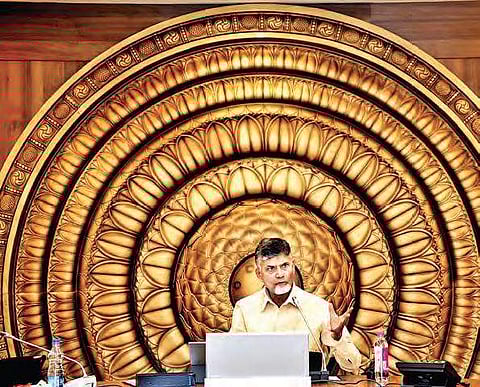 Andhra Chief Minister N Chandrababu Naidu at a meeting with the Council of Ministers at Secretariat in Amaravati on Friday | Express