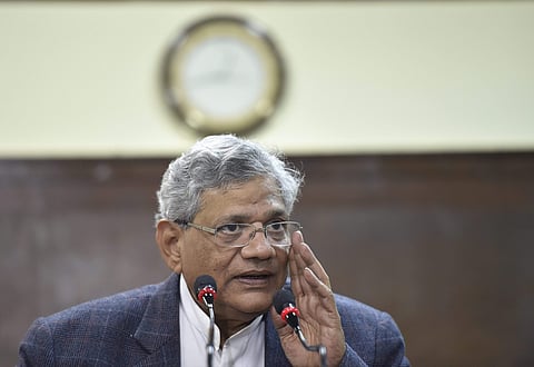CPI M leader Sitaram Yechury during a press conference at party office in Delhi on Saturday. | PTI