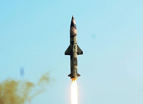 Prithvi-II being test fired from the ITR off Odisha coast. | Express Photo Service