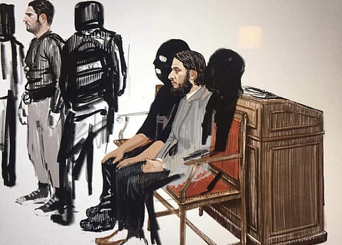 In this courtroom sketch, Salah Abdeslam, right, and Soufiane Ayari, left, appear at the Brussels Justice Palace in Brussels on Monday, Feb. 5, 2018. | AP