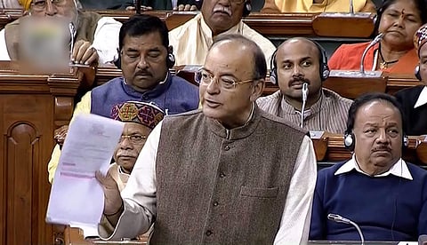 Union Finance Minister Arun Jaitley speaks in the Lok Sabha at the Parliament in New Delhi on Thursday. (PTI)