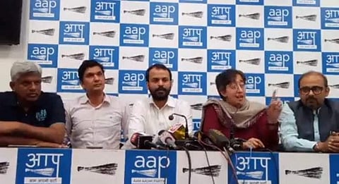 AAP leaders Aashish Khetan and minister Imran Hussain at a press conference (AAP | Twitter Photo)