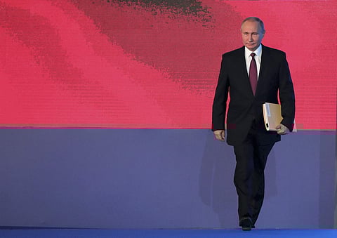 Russian President Vladimir Putin arrives to give his annual state of the nation address in Manezh in Moscow, Russia, Thursday, March 1, 2018. | AP