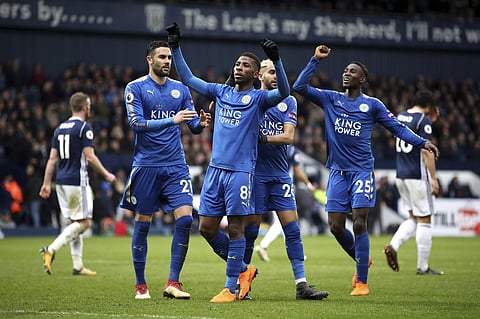 Leicester City's Kelechi Iheanacho celebrates scoring his side's third goal of the game against West Brom. (Phoot | AP)
