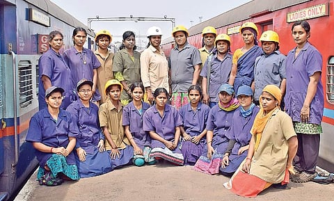 The team of women, who maintain the Chennai-Mangaluru Express, near the train at Basin Bridge yard in Chennai on Friday. | (Rakesh Kumar | EPS)