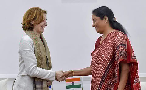 Defence Minister Nirmala Sitharaman with her French counterpart Florence Parly in New Delhi on Saturday. (PTI)
