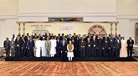 Prime Minister Narendra Modi and other world leaders at Founding Conference of the International Solar Alliance at Rashtrapati Bhavan in New Delhi on Sunday. | PTI