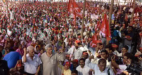 The CPI(M)-affiliated All India Kisan Sabha led the protest, where farmers demanded an unconditional loan waiver, and transfer of forest land to tribal farmers who have been tilling it for years. (Photo | Special arrangement)